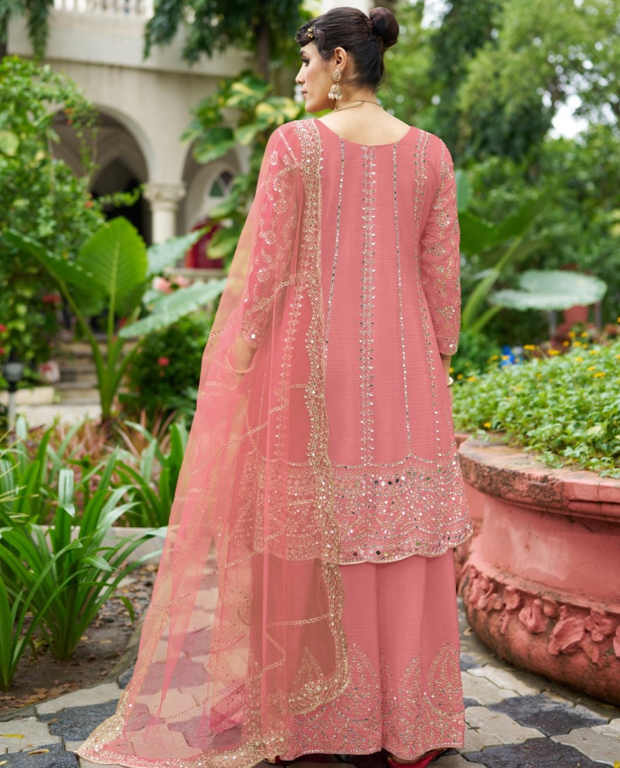 LIGHTPINK - Pink Chinon Embroidered and Mirror Work Palazzo Salwar Suit